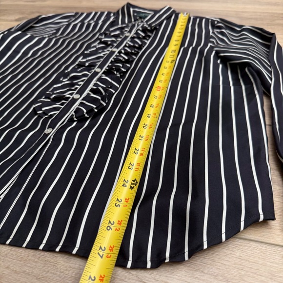 LRL Ralph Lauren Silk Black White Striped‎ Ruffle Front Dark Coquette Goth L - Picture 13 of 15